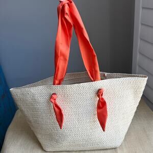 Woven Straw Tote Bag With Orange Fabric Straps Vacation Cruise Resort Coastal